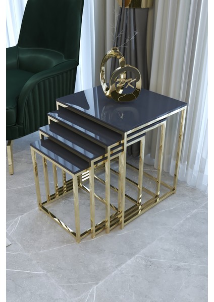Duru 4'lü Kare Zigon Sehpa Seti Gold Ayak, Antrasit Mdf