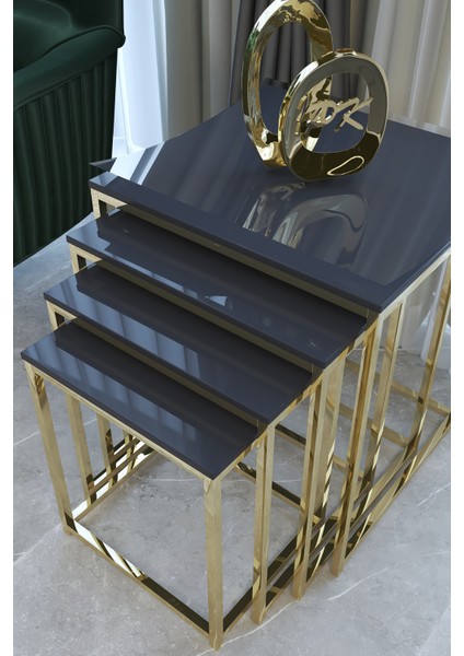 Duru 4'lü Kare Zigon Sehpa Seti Gold Ayak, Antrasit Mdf