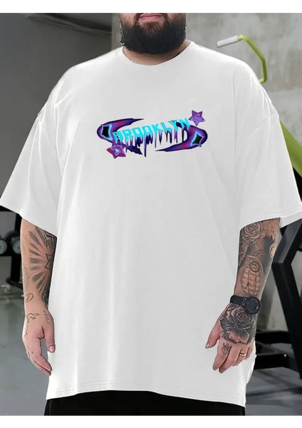 Büyük Beden Unisex Brooklyn Neon Baskılı %100 Pamuklu Bisiklet Yaka Kısa Kollu A++ Oversize Tshirt