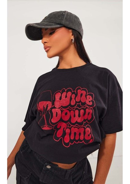 Wine Down Time Baskılı Oversize T-Shirt