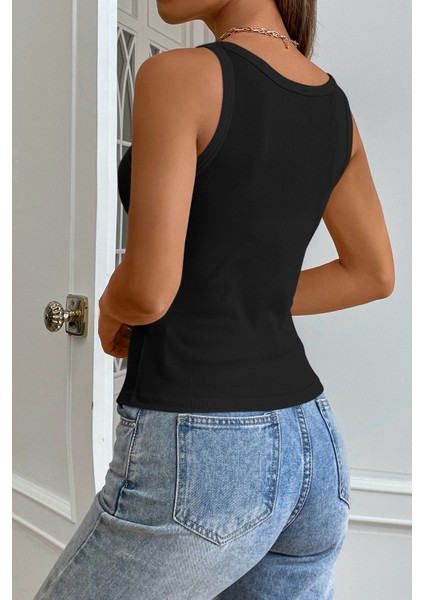 Kadın Siyah Kolsuz Kalın Askılı Uzun Crop Top Bluz & Atlet