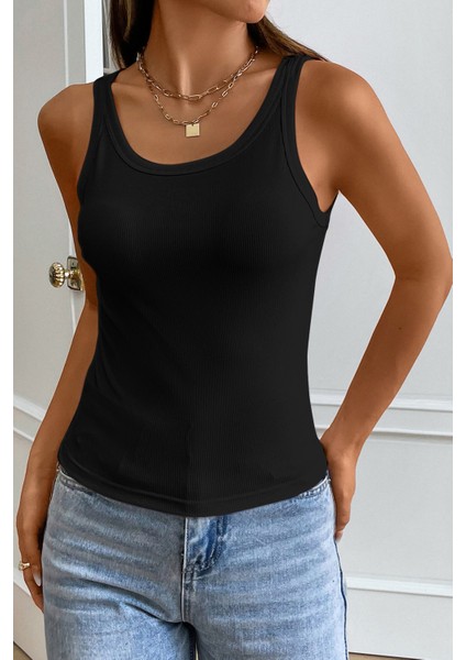 Kadın Siyah Kolsuz Kalın Askılı Uzun Crop Top Bluz & Atlet