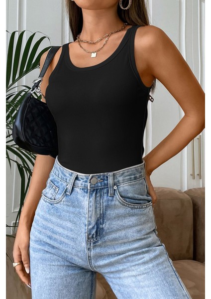 Kadın Siyah Kolsuz Kalın Askılı Uzun Crop Top Bluz & Atlet