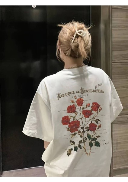 Kadın Çiçekli Baskılı Oversize Kısa Kollu Beyaz Pinterest Tshirt