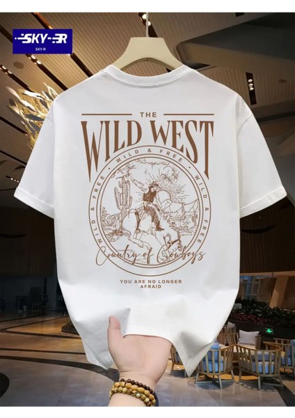 Büyük Beden Unisex Wild West Baskılı %100 Pamuklu Bisiklet Yaka Kısa Kollu A++ Oversize Tshirt