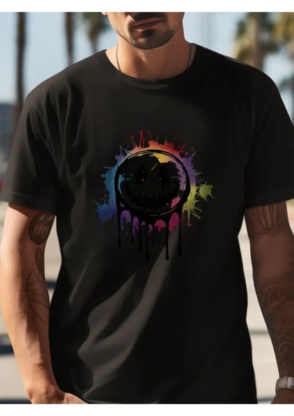 Büyük Beden Grafiti Gülümseme Baskılı Pamuklu Bisiklet Yaka Kısa Kollu %100 Pamuk Oversize T-Shirt fiyatları