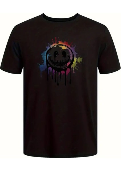 Büyük Beden Grafiti Gülümseme Baskılı Pamuklu Bisiklet Yaka Kısa Kollu %100 Pamuk Oversize T-Shirt modelleri