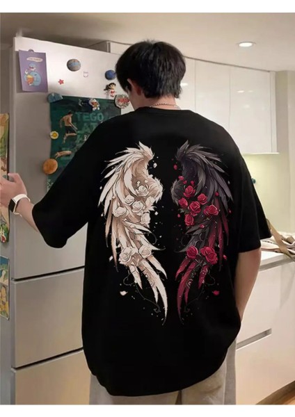 Trend Vintage Esintili Gül&kanat Baskılı Oversize Unisex T-Shirt