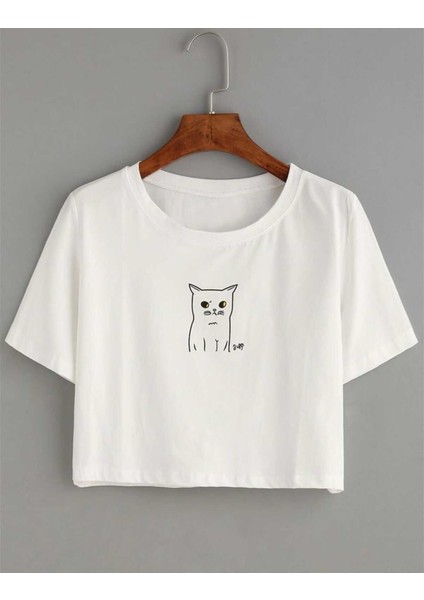 Yazılı ve Baskılı Oversize Pamuklu Rahat Kalıp Crop Tshirt