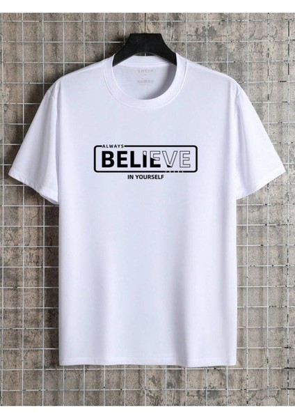 Bisiklet Yaka Believe Printed %100 Pamuk A++ Oversize T-Shirt