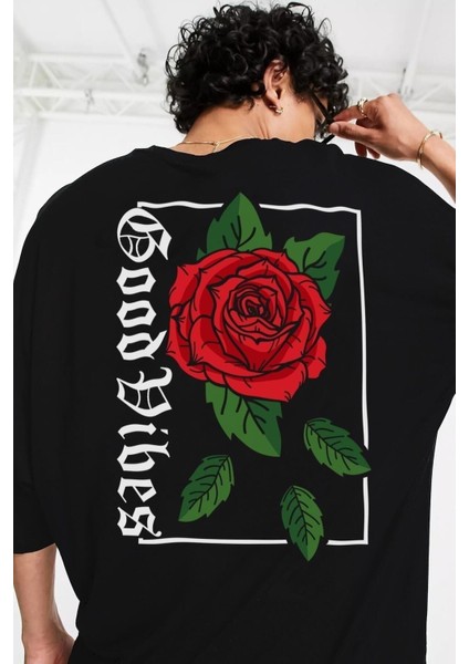Hunors - Oversize Rose Unisex Siyah T-Shirt