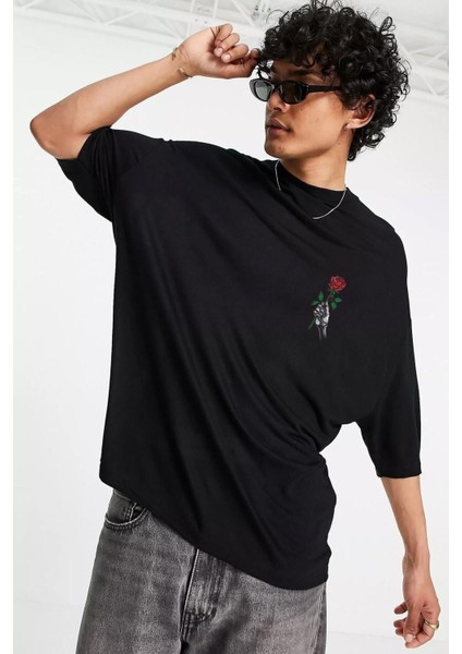 Hunors - Oversize Rose Unisex Siyah T-Shirt