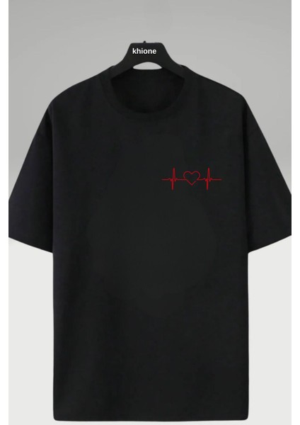 Unisex Tasarım Kalp Ritmi Baskılı %100 Pamuk T-Shirt