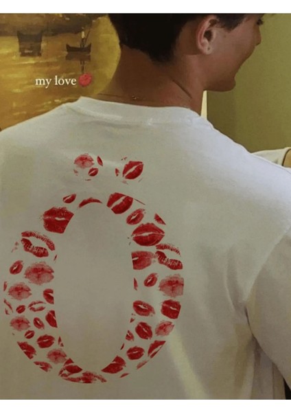 Sevgiliye Harfli Öpücük Kiss Design Baskılı Oversize Unisex T-Shirt