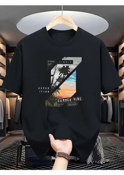 Büyük Beden Unisex Summer Vibe Baskılı %100 Pamuklu Bisiklet Yaka Kısa Kollu A++ Oversize Tshirt