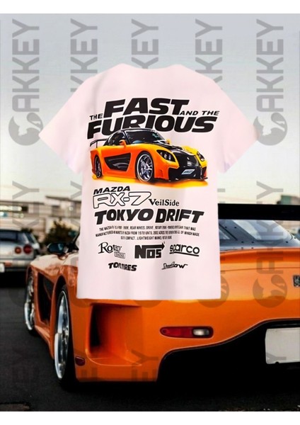 Unisex Hızlı ve Öfkeli Tokyo Drift Mazda Rx-7 Veilside Baskılı Oversize T-Shirt