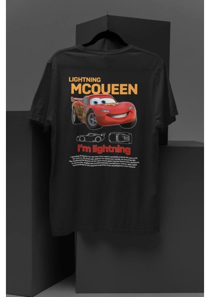 Unisex Siyah Şimşek Mcqueen Cars Baskılı Kısa Kol %100 Pamuk T-Shirt