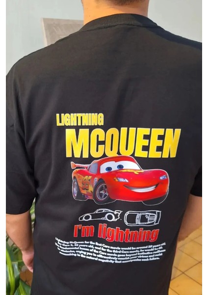 Unisex Siyah Şimşek Mcqueen Cars Baskılı Kısa Kol %100 Pamuk T-Shirt fiyatları
