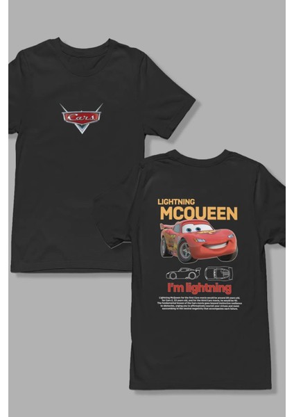 Unisex Siyah Şimşek Mcqueen Cars Baskılı Kısa Kol %100 Pamuk T-Shirt modelleri