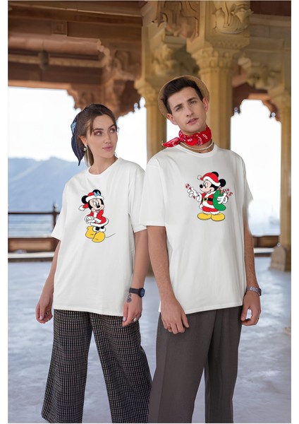 2'li Sevgili Kombini Mickey Mouse Yılbaşı Baskılı Beyaz Oversize Unisex Çift Tshirti