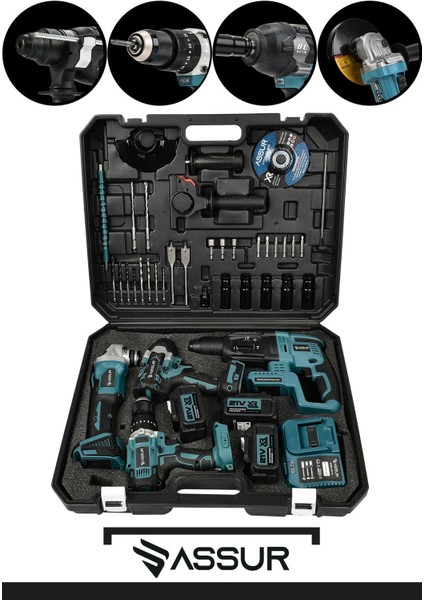 Profesyonel 21V Akülü Taşlama Kırıcı Delici Hilti Somun Sökme Matkap 4'lü Set
