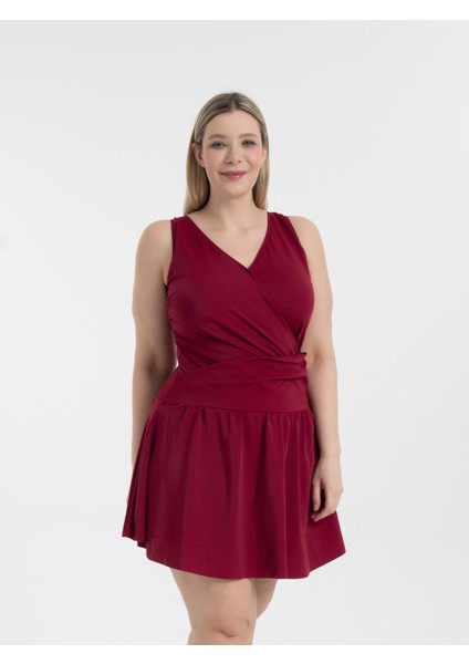 Aquaviva Kadın Bordo Büyük Beden Dakota Kruvaze Detaylı Şortlu Elbise Mayo fiyatları