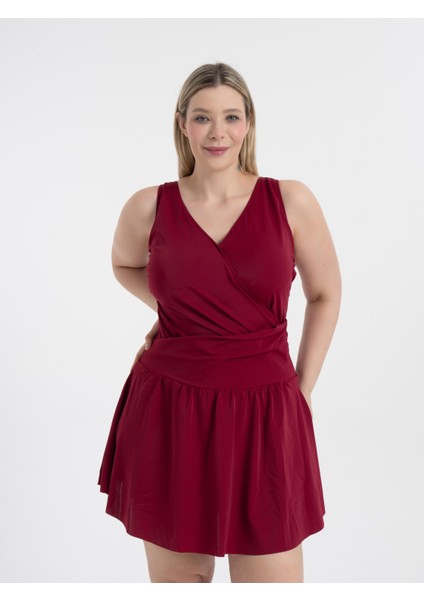 Aquaviva Kadın Bordo Büyük Beden Dakota Kruvaze Detaylı Şortlu Elbise Mayo modelleri