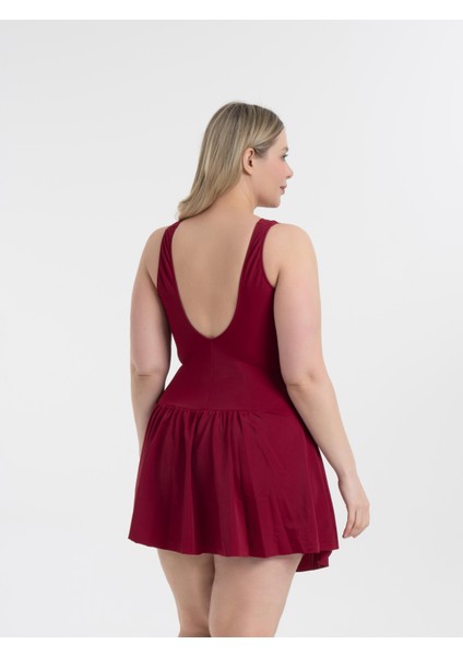 Aquaviva Kadın Bordo Büyük Beden Dakota Kruvaze Detaylı Şortlu Elbise Mayo fırsatları