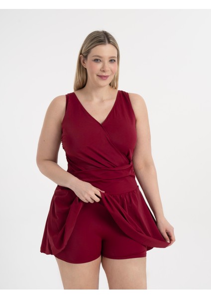Aquaviva Kadın Bordo Büyük Beden Dakota Kruvaze Detaylı Şortlu Elbise Mayo indirimleri