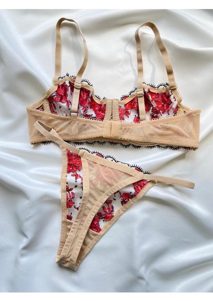 HEDİYELİ+ Bej Nude Ten Rengi Çiçek Desenli Balenli Brode Sütyen & Tanga String Iç Çamaşır Takım modelleri