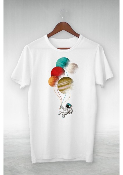 Unisex Beyaz Balloon And Astronot From The Planet Illustrasyon Tshırt
