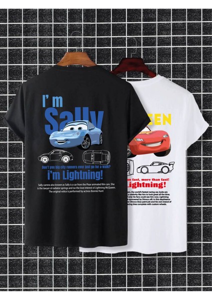 Kadın Erkek Unisex Sally & Mcqueen Cars Sevgili Çift Kombini Oversize Renkli Tshirt 2'li Takım