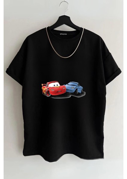 Unisex Şimşek Mcqueen ve Sally Tasarım Baskılı Oversize Kısa Kol %100 Pamuk T-Shirt