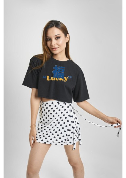 Griland Kadın Siyah Lucky Baskılı Oversize Crop Top