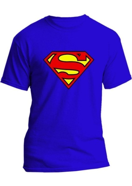 Supermen Logo Baskılı Lüx Pamuklu Erkek Kadın Unisex Tişört Superman Tshirt Sax Mavi Kaliteli Üretim