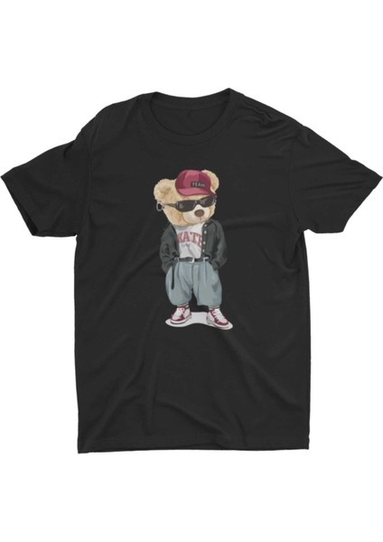 Hip-Hop Cool Ayı Teddy Bear Unisex Siyah Tişört