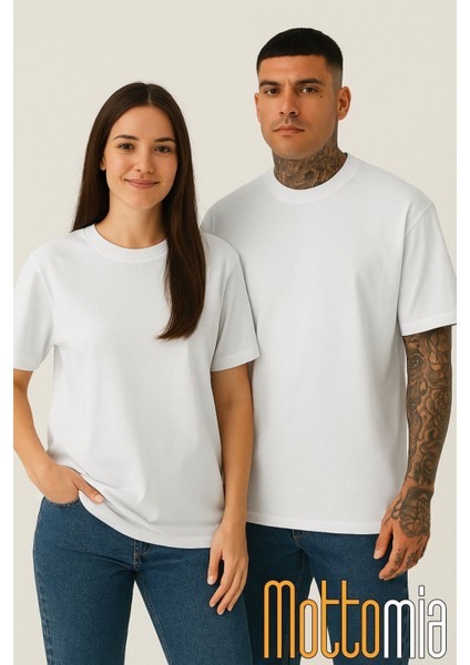 Beyaz Unisex Oversize Pamuklu Likralı Bisiklet Yaka Baskısız Tişört (T-Shirt) modelleri