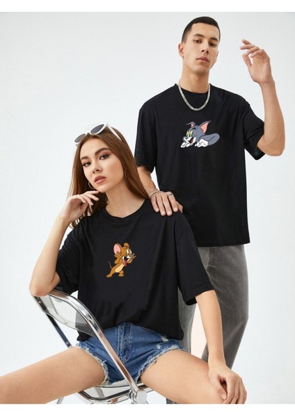 Siyah Unisex Ikili Tom ve Jery Baskılı Oversize T-Shirt