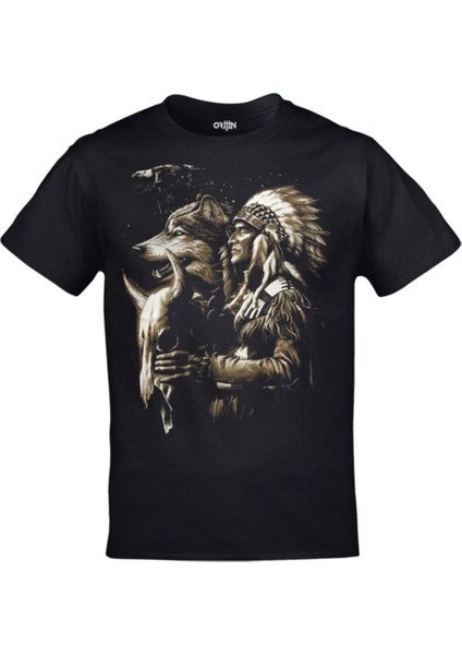 Unisex Siyah Kızılderili Şef ve Kurt Tshirt