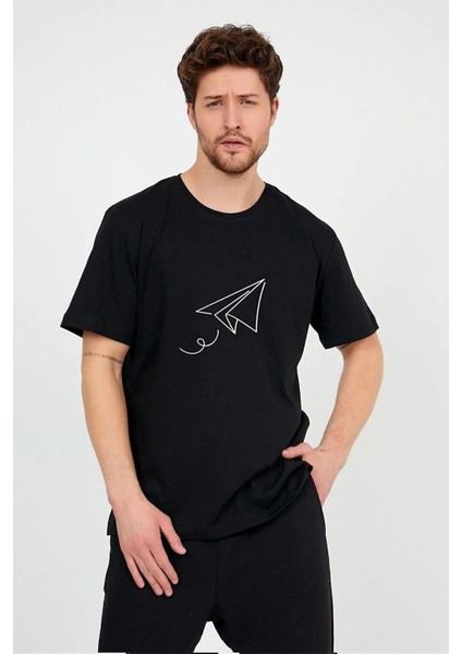 Erkek Siyah Önü Uçak Baskılı Bisiklet Yaka Oversize Pamuklu T-Shirt