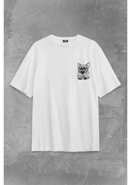 Unisex Cat Kedi Baskılı Oversize %100 Pamuk T-Shirt