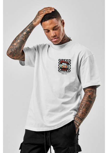 Oversize Beyaz Greed Baskılı T-Shirt