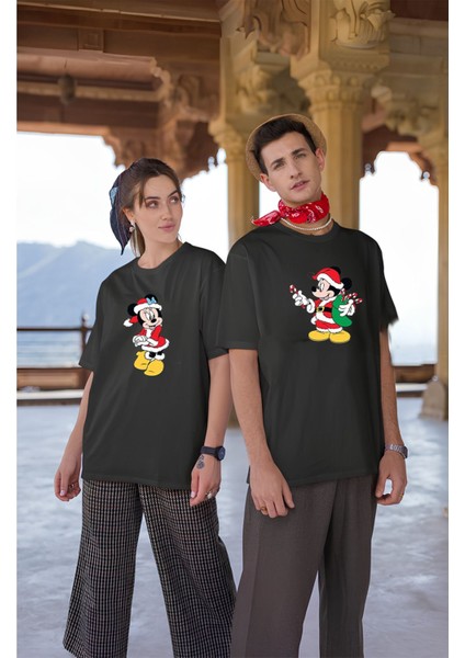 2'li Sevgili Kombini Mickey Mouse Yılbaşı Baskılı Siyah Oversize Unisex Tshirt