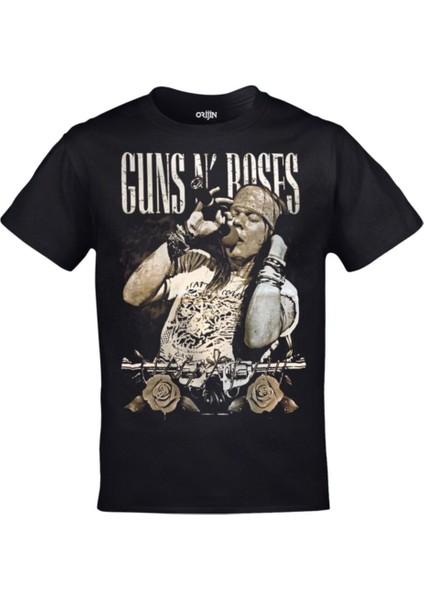 Unisex Siyah Guns N' Roses Axl Rose Unisex Ön Arka Baskılı Tshirt