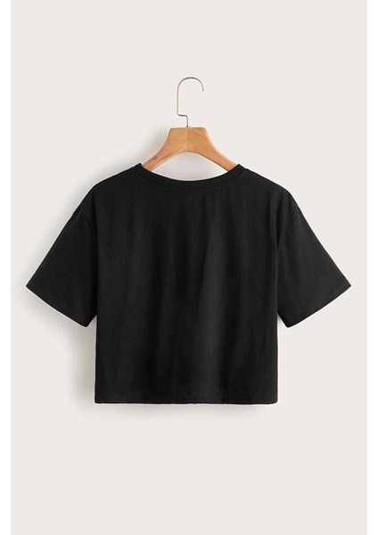 Griland Kadın Siyah Lucky Baskılı Oversize Crop Top modelleri