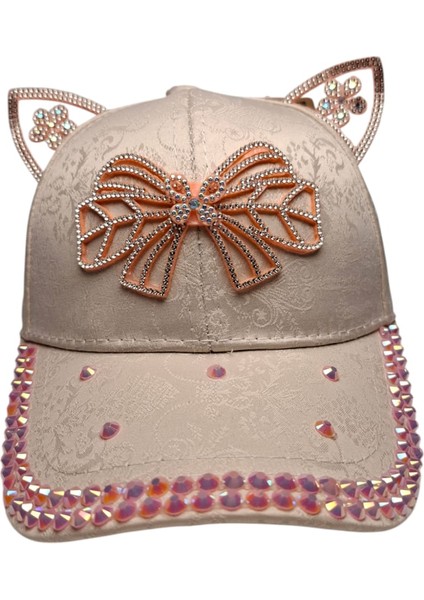 Spteks Kitti 4-8 Yaş Kız Çocuk Açık Pembe Renk Taşlı Desenli Yazlık Kep Şapka