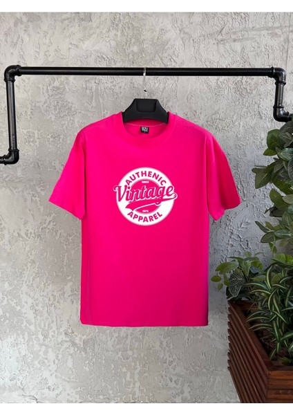 Vintage Baskılı Koyu Pembe Oversize Erkek Tshirt