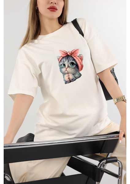 Ekru Unisex Sevimli Minik Kedi Baskılı Pamuk Bisiklet Yaka Boyfriend Örme Oversize T-Shirt fiyatları