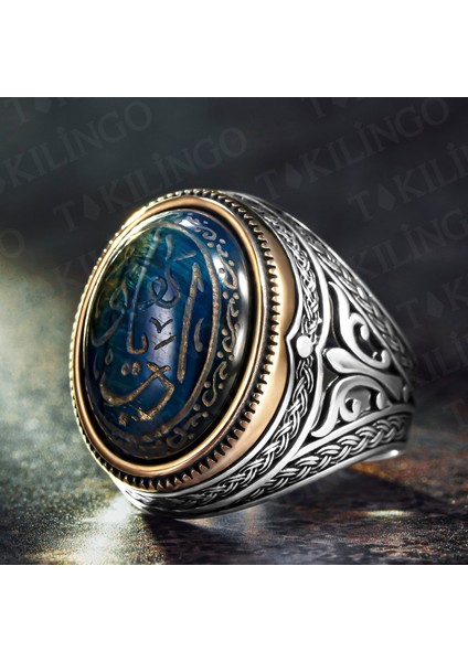 925 Ayar Gümüş Mavi Kaplangözü Taşlı Edep Ya Hu Yazılı Erkek Yüzük