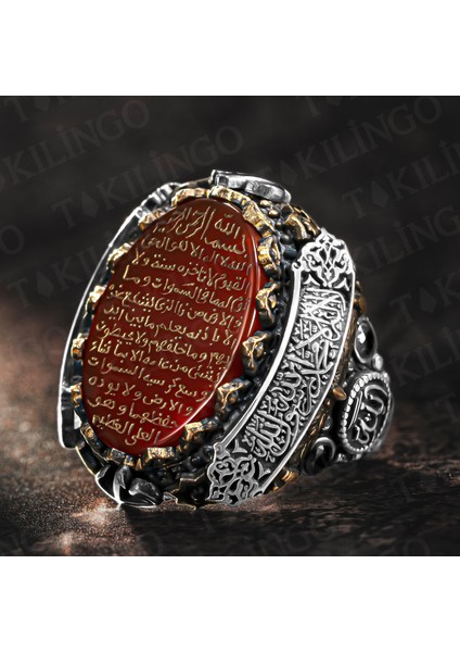 925 Ayar Gümüş Akik Taş Üzeri Ayetel Kürsi Yazılı Dualı Büyük Boy Usta Işi Erkek Yüzük fiyatları